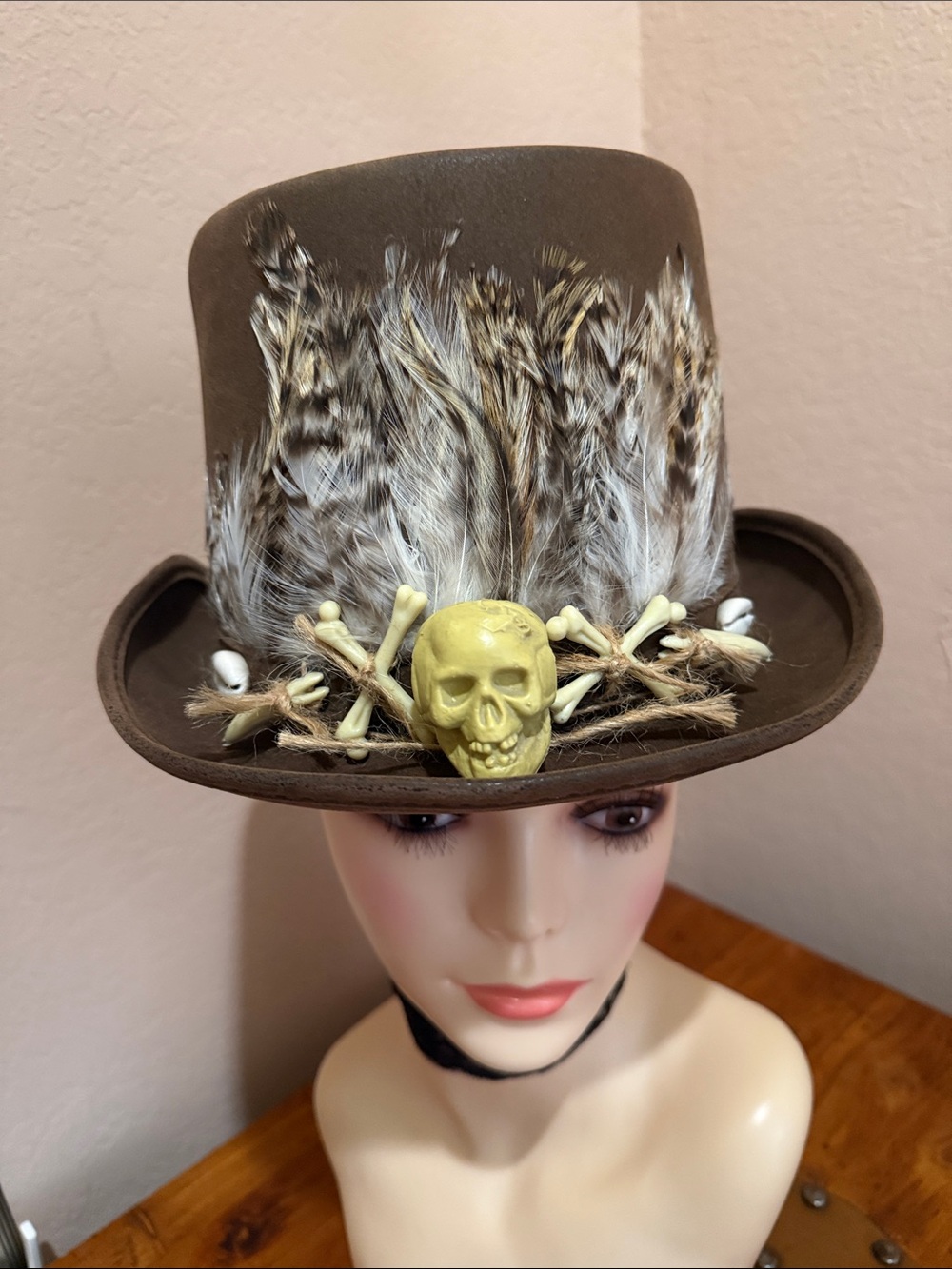 HALLOWEEN Witchdoctor Voodoo Brown Feather & Skull Top Hat Unisex